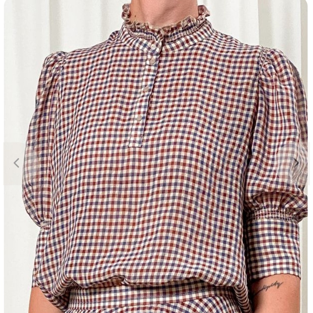 Chic Checkered Ruffle Neck Blouse - image 1